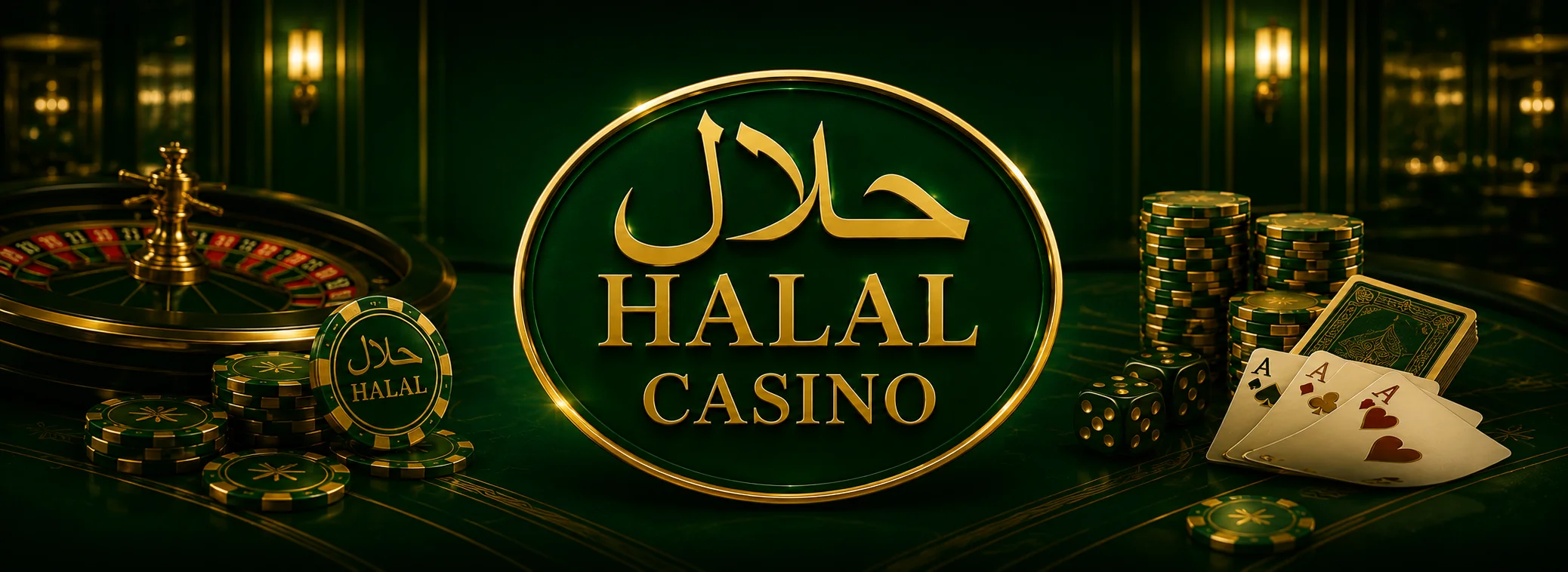 شعار Halal Casino الأخضر والذهبي مع بونص ترحيبي 1,500 يورو و250 دورة مجانية